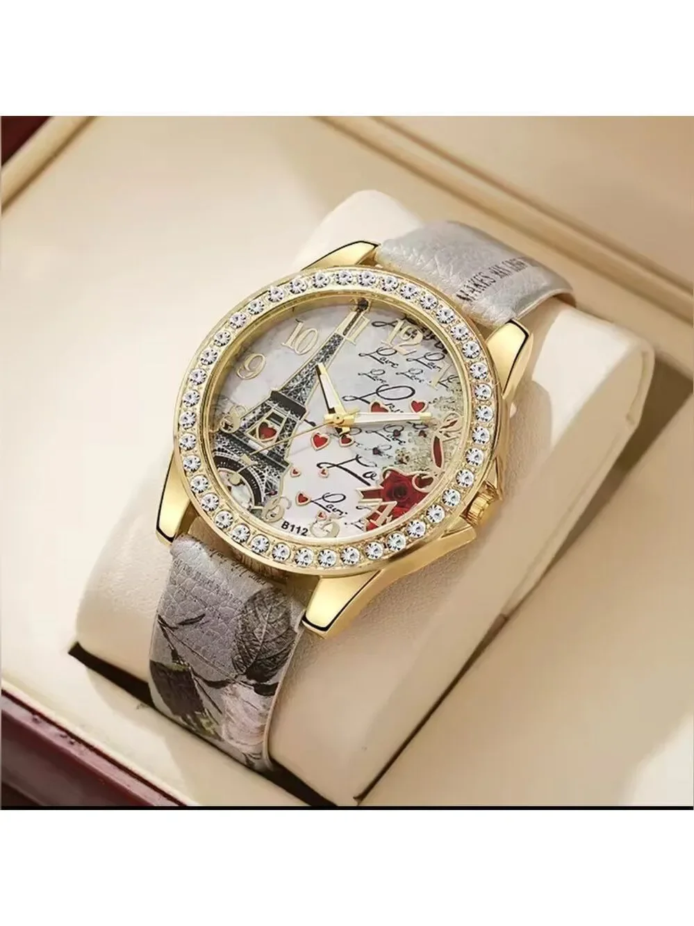 Elegant High Fashion Women’s Quartz Gold and Gray Eiffel Tower Love Watch Grey